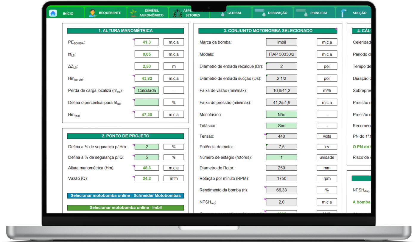 Planilha Expert de dimensionamento da motobomba no notebook
