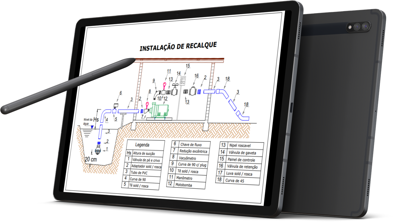 Desenho da instalação de recalque no tablet
